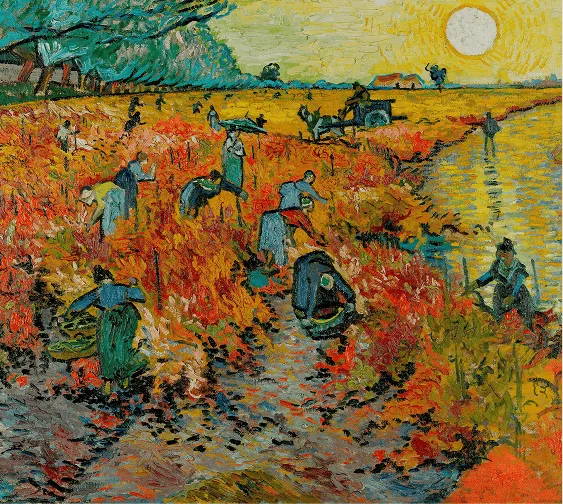 Vincent van Gogh’s painting The Red Vineyard: workers harvesting grapes in a red and gold vineyard beside a river, under a large yellow sun.